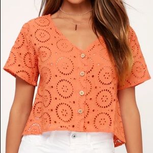 Lulu’s Eyelet You love Me Coral Button-up Crop Top